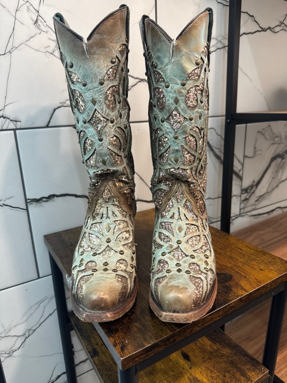 Metallic Turquoise Embellished Women's Heeled Western Boots